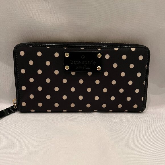 Kate Spade Black and Ivory Polka Dot Accordion Zip Wallet - Picture 1 of 7